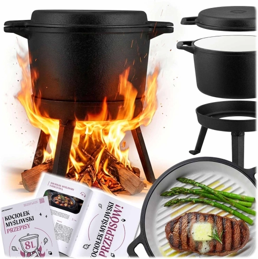Caldero de hierro fundido esmaltado de 8 l con soporte y sartén para asar
