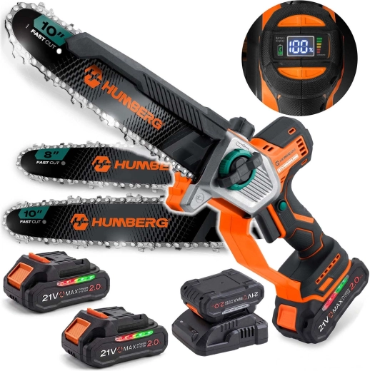 Motosierra de cadena a batería Humberg con espadas de 10" y 8"