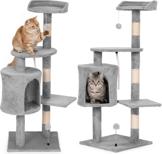Rascador para gatos con casita y cama 110 cm, gris PETSI