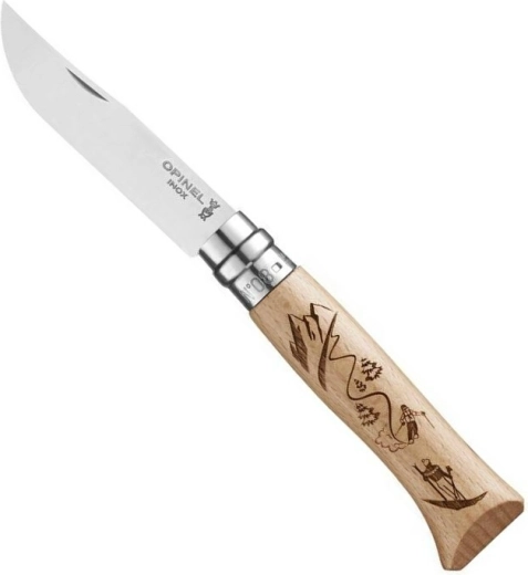 Navaja de bolsillo Opinel N°8 con grabado Ski, madera de haya, 8,5 cm