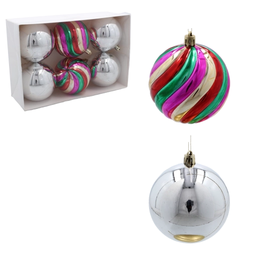 Juego de 6 adornos navideños para el árbol de 8 cm – bolas plateadas y a rayas de plástico irrompible