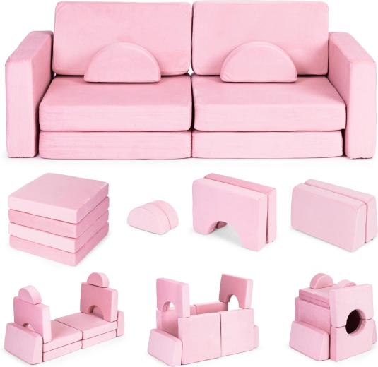 Sofá infantil modular plegable para 2 personas con 10 cojines suaves ECOTOYS – Rosa