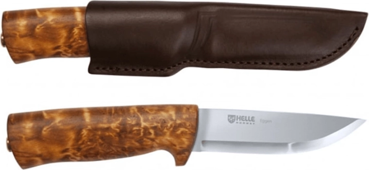Cuchillo de exterior Helle Eggen 10 cm con mango de madera y funda de cuero