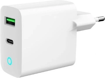 Cargador de red USB‑A/USB‑C de 20 W con LED, PD y QC 3.0, blanco