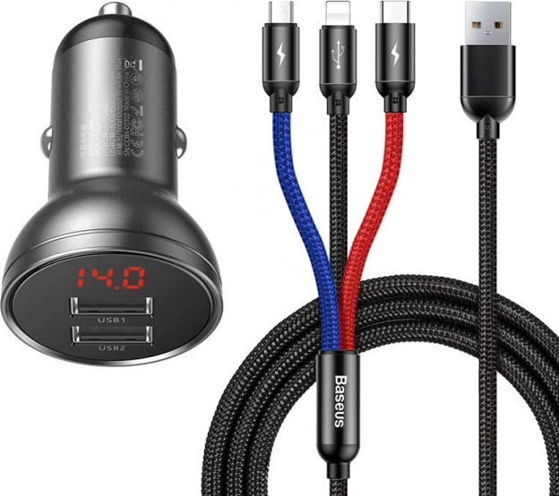 Baseus Cargador para Coche con Pantalla y Cable USB 3 en 1 24W