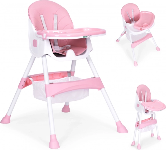 Silla de comedor infantil con bandeja y cesta, arnés de 5 puntos, ECOTOYS – Rosa