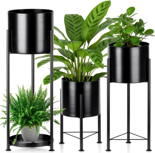 Soportes negros de metal para macetas, set de 3 uds.
