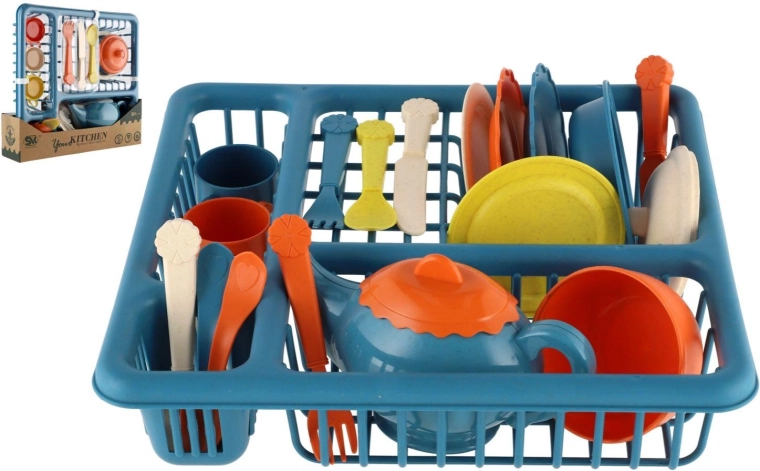Juego infantil de vajilla con escurridor – set de plástico para jugar