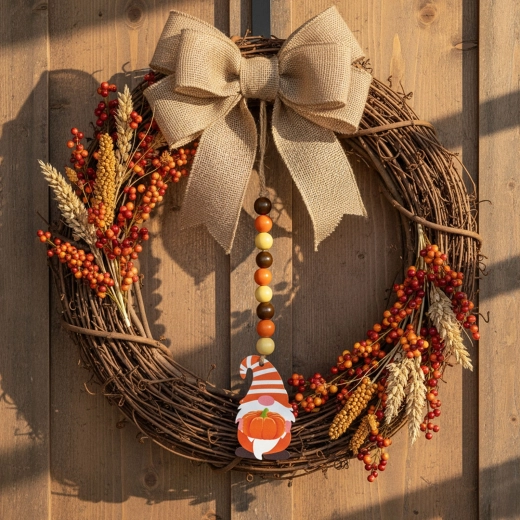 Decoración otoñal colgante de madera con duende y calabaza