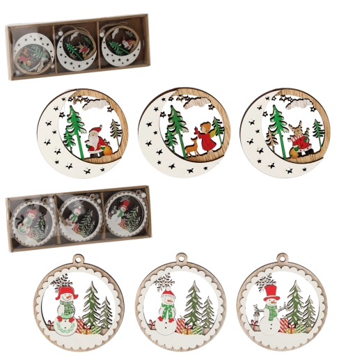 Set de adornos navideños de madera para colgar – muñeco de nieve y luna con estrellas (6 uds.)