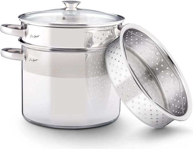 Olla para pasta Lamart de acero inoxidable con colador y accesorio para cocinar al vapor, 6 l