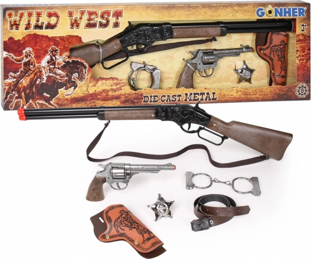 Set de vaquero – rifle, revólver, esposas y estrella de sheriff para fulminantes
