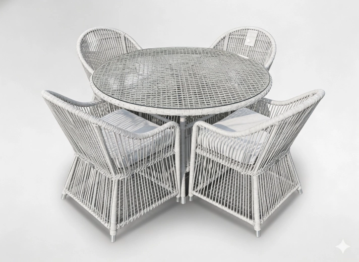 Conjunto de comedor de jardín: 4 sillones y mesa redonda, ratán gris con cojines