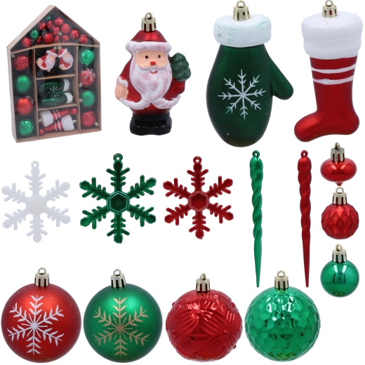 Set de 66 adornos navideños en color verde y rojo