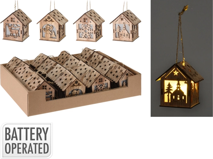 Decoración colgante de madera casa con LED, 9 cm