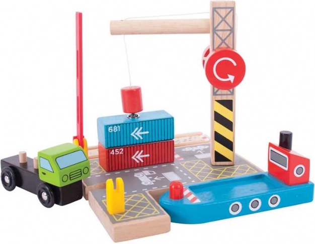 Bigjigs Rail terminal de contenedores con grúa magnética