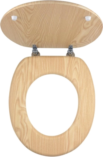 Asiento de WC de MDF chapado en acabado fresno con herrajes cromados