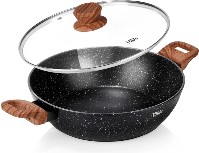 Sartén honda de granito con tapa de cristal 28 cm, 3,5 l – Vilde Granitica Wood