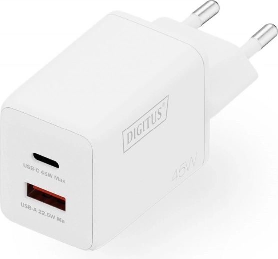 Cargador de pared GaN II 45 W, 1× USB‑C y 1× USB‑A, PD 3.0 y QC 3.0, blanco