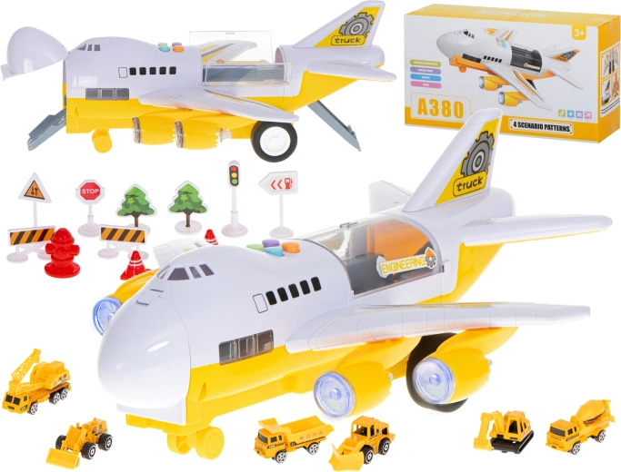 Avión de transporte con 6 vehículos de construcción