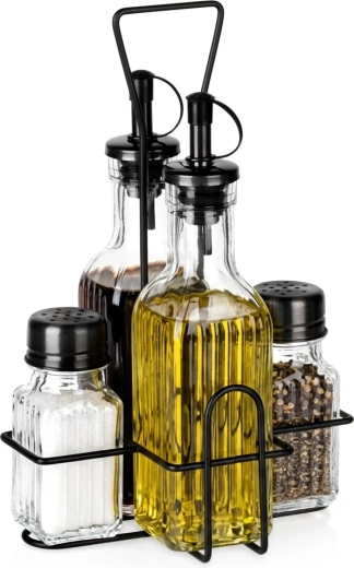 Juego Vilde de botellas para aceite y vinagre con salero y pimentero en soporte, 5 piezas