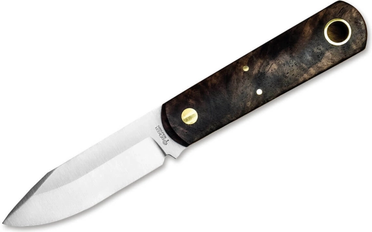 Cuchillo de hoja fija Böker Barlow BFF, madera de nogal, funda de cuero