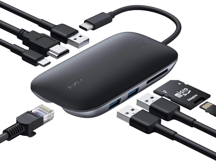 Hub USB‑C Aukey 8 en 1 con HDMI 4K, Ethernet Gigabit y Power Delivery 100 W