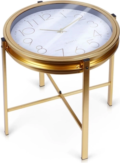 Mesa de centro metálica dorada con reloj integrado 42 × 40 cm