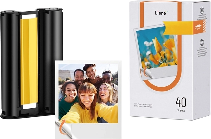 Papel fotográfico autoadhesivo Liene Amber 3×3" (40 hojas + cartucho)