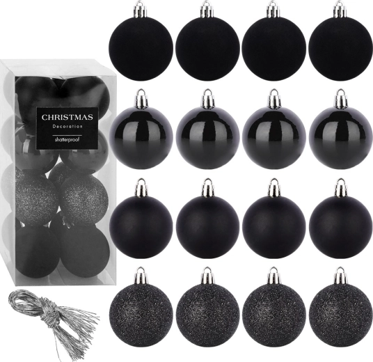 Adornos navideños negros irrompibles para el árbol de 5 cm, set de 16 uds.