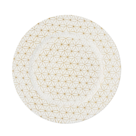 Bajoplato redondo blanco y dorado con patrón geométrico – set de 6 uds