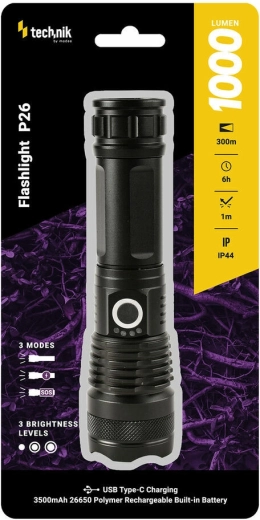 Linterna recargable Technik MT-P26 con USB‑C, zoom y funciones SOS/estroboscopio