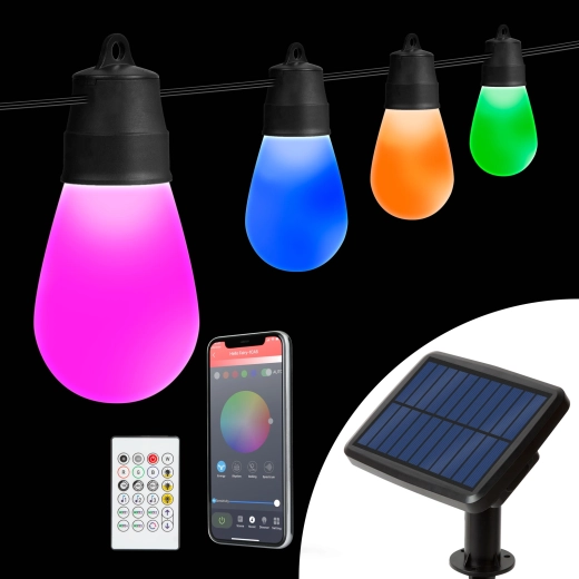 Cadena de luces solares con 15 bombillas LED RGBIC, 6,5 m, Bluetooth