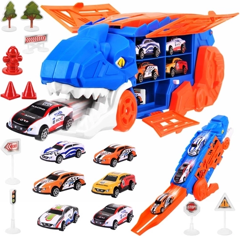 Transportador de dinosaurio T-Rex con pista de carreras y 6 cochecitos