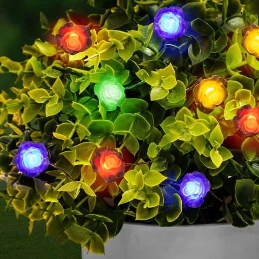 Cadena de luces LED solares con flores, 2,3 m, 20 LED de colores