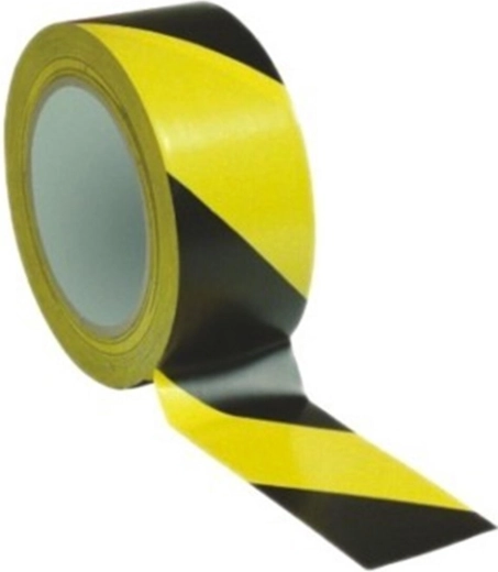 Cinta de advertencia autoadhesiva 48 mm × 66 m, amarillo‑negra, franjas diagonales hacia la derecha