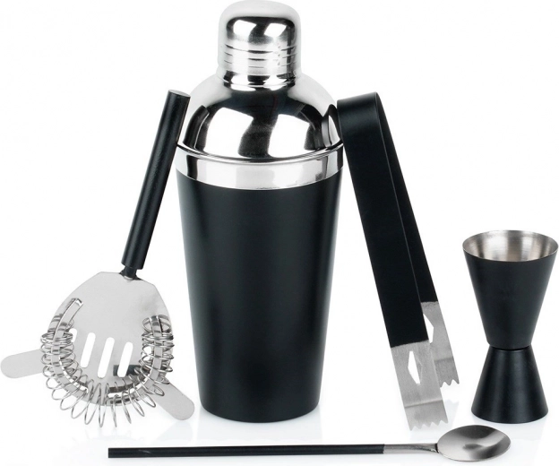 Set de bar con coctelera negra de acero inoxidable, 5 piezas