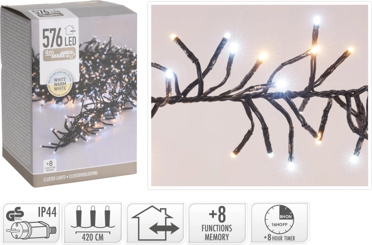 Cadena de luces LED navideñas 4,2 m, 576 LED, blanco cálido, 8 funciones, IP44, con temporizador