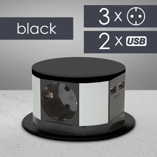 Regleta empotrable abatible con 3 tomas, USB-A y USB-C, negra