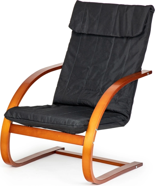 Sillón lounge finlandés mecedor ModernHome para el salón – tela negra, madera de nogal