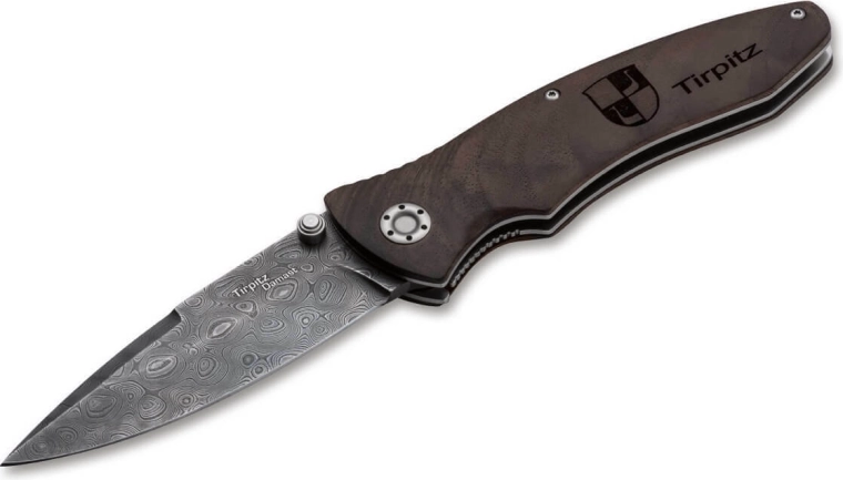Cuchillo de coleccionista Böker Tirpitz-Damascus con empuñadura de nogal 9,9 cm