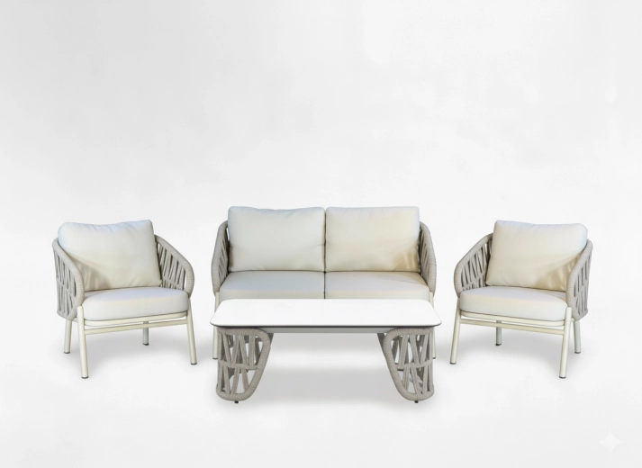 Conjunto de salón de jardín de aluminio 2+1+1 con mesa de centro, beige