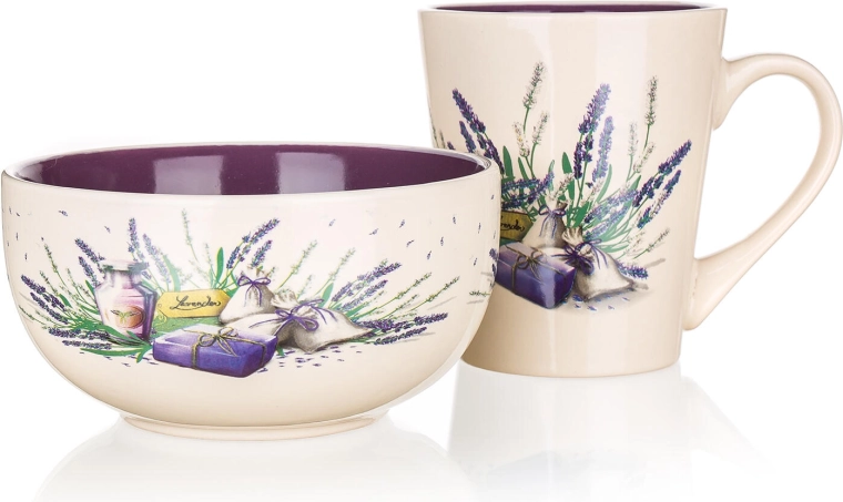 Juego de desayuno de cerámica Lavender: taza 360 ml y cuenco 540 ml