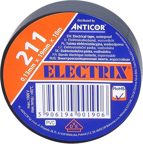 Cinta aislante eléctrica Solight 19 mm x 0,13 mm x 10 m negra