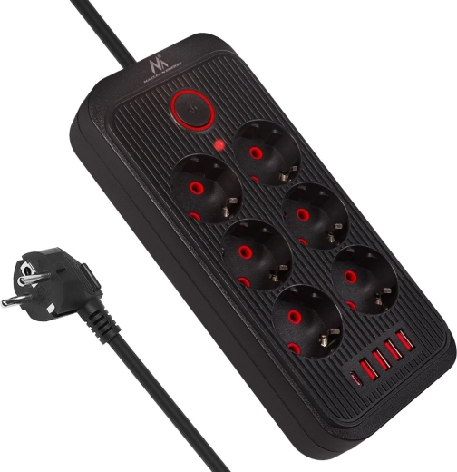 Regleta con protección contra sobretensiones con 6 tomas, USB-A y USB-C, 2500 W, negra