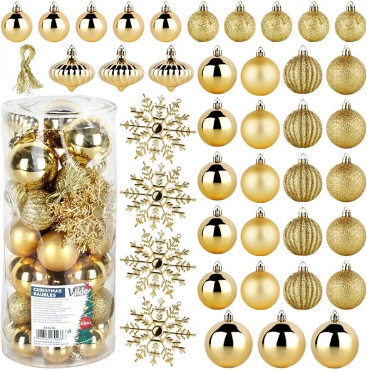 Adornos navideños Vilde dorados, irrompibles, 40 uds (4/5/6 cm + copos de nieve 10 cm)