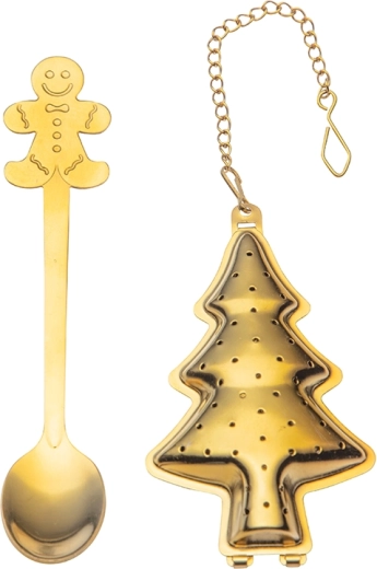 Set de regalo para té con infusor dorado y cucharilla – motivo navideño