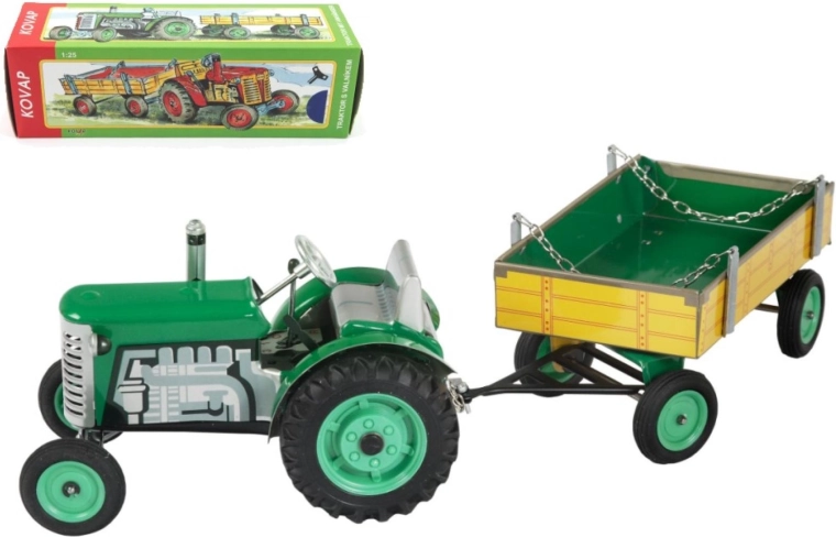 Tractor Zetor con remolque de plataforma de cuerda metálico 28 cm KOVAP – Verde