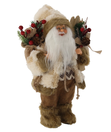 Figura navideña de Santa con abrigo beige y esquís 30 cm