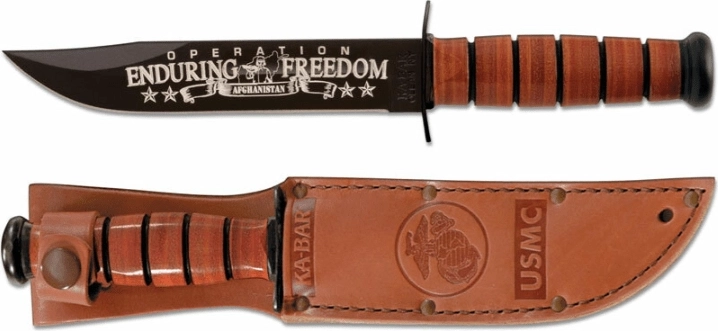 Cuchillo militar conmemorativo Ka-Bar U.S.M.C. OEF Afghanistan 17,8 cm, negro, empuñadura de cuero, funda de cuero
